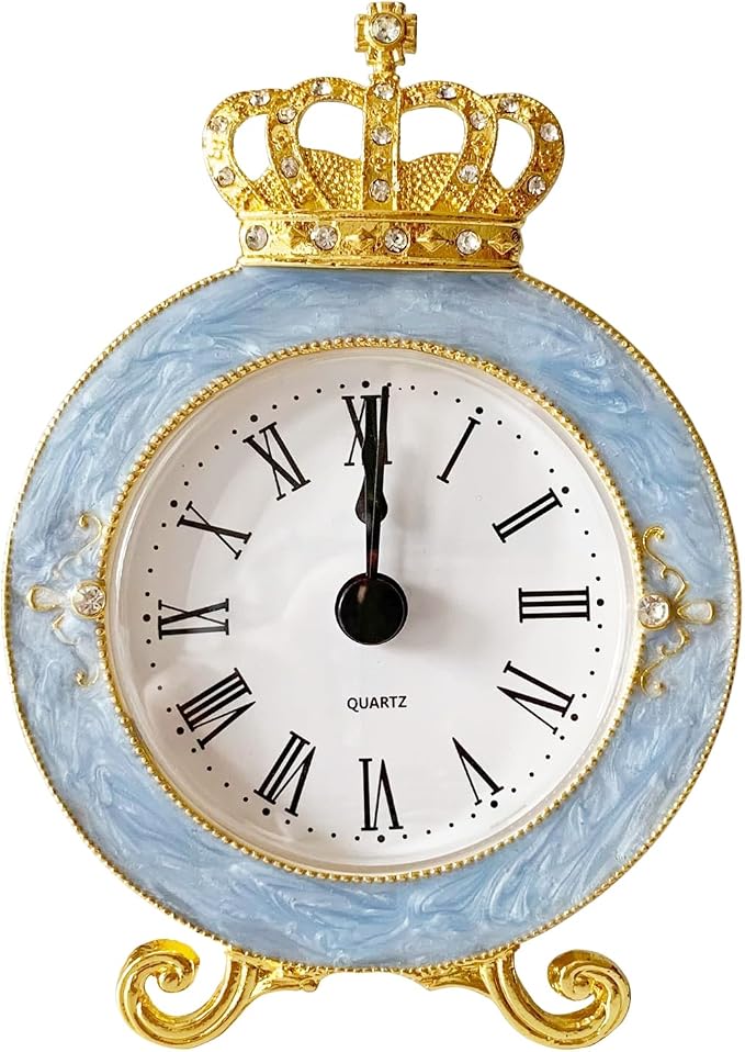 Vintage Mini Analog Table Clock, Silent Crown Table Clock with Hand-Painted Metal Body and Battery Operated Non-Ticking Core for Shelf, Living Room, Bedroom, Bedside, Desk
