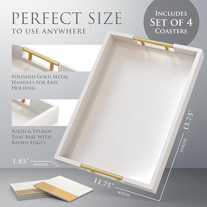 Wood Serving Tray with Gold Polished Metal Handles, Home Decorative Wooden Rectangle Ottoman Decor Platter Bathroom Vanity Tray for All Occasions, Gloss Finish, 16"x12", White