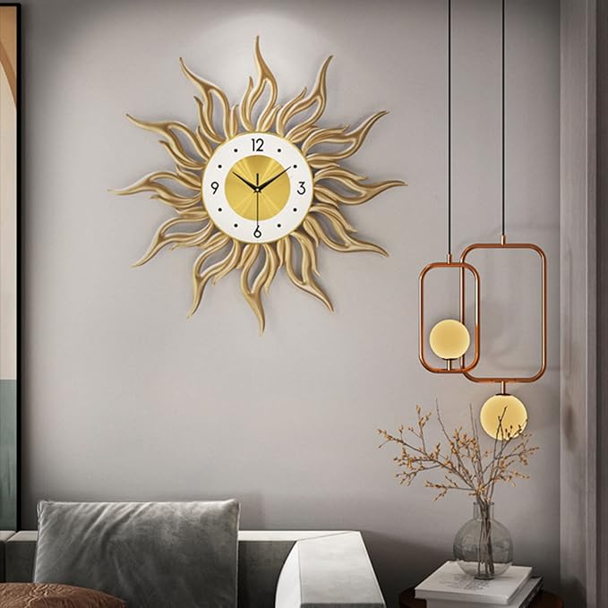 Large Sunburst Wall Clocks for Living Room Fashion Metal 3D Art Flame Design Silent Non Ticking Quartz Clock Creativity Wall Watches Gold 60CM