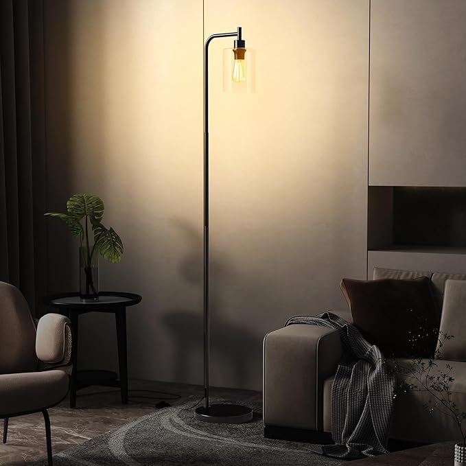 Tangkula Industrial Floor Lamp, Modern Standing Lamp with Hanging Glass Lampshade & Foot Switch, Tall Pole Light with E26 Standard Base for Living Room, Bedroom & Office (Black, 1-Light)