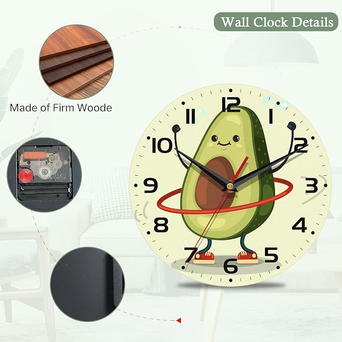 Wall Clock for Bathroom,Cute Avocado Wall Clocks Silent Non-Ticking Battery Operated Clock 10 Inch,Wall Clocks Decorative for Living Room,Kitchen,Office