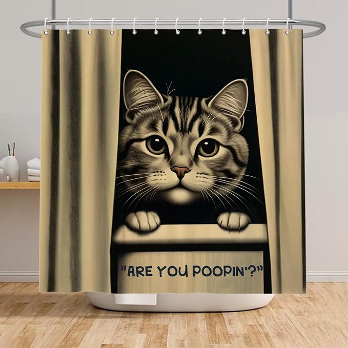 Cat Shower Curtains Cute are You Poopin' Funny Humorous Animal Whimsical Bathroom Curtain Curious Joke Cat Shower Curtain Sets for Bathroom Extra Long 60x72 in with 10 Hooks