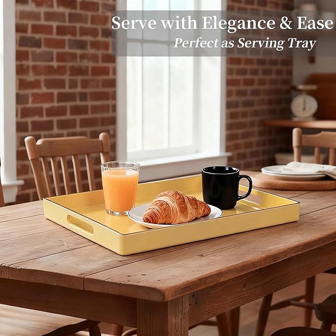 Decorative Tray, Rectangular Plastic Tray with Handles, Modern Vanity Tray and Serving Tray for Bathroom, Kitchen, Ottoman and Coffee Table, 15.6" x 10.2"(Light Yellow)