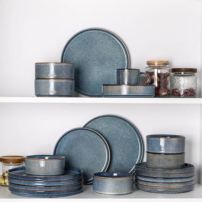 GBHOME 12-Piece Stoneware Dinnerware Set for 4 – Ribbed Ceramic Plates and Bowls, Scratch-Resistant, Microwave & Dishwasher Safe, Reactive Glaze, Ceylon Blue