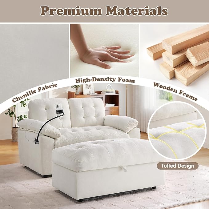 Oversized Chaise Lounge Chair Indoor with Ottoman&Adjustable Backrest,Chenille Tufted Recliner Comfy Loveseat Sofa Chair with USB&Phone Holder,Convertible Sleeper Couch Bed for Living Room(56"W,Beige)