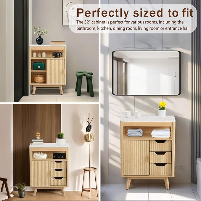 Fluted Floor Bathroom Cabinet with Sliding Door, Modern 3 Drawers Storage Organizer with Adjustable Shelf, Mid Century Bathroom Cabinet with Curved Edge for Bathroom Dining Room (Natural Oak)