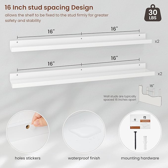 Axeman Picture Ledge Shelf | 36 Inch White Floating Shelves Set of 4 | Rustic Wood Wall Shelves with Lip | 36" White Picture Shelves for Wall with Ledge | Photo Shelves
