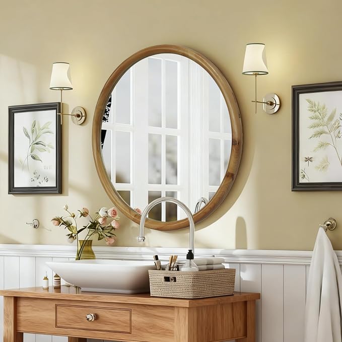 Round Wood Framed Wall Mirror Mid-Century Modern Decorative Bathroom, Bedroom, Entryway