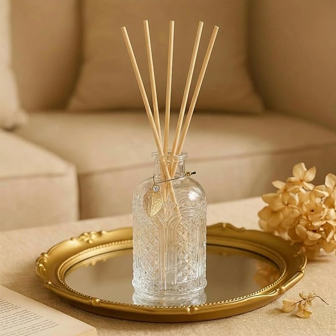 Glass Reed Diffusers Bottles for Home, Diffuser Bottles with 40PCS Reed Diffuser Sticks, Vintage Embossed Apothecary Style Flower Bud Vases with Cork Lids, Set of 6
