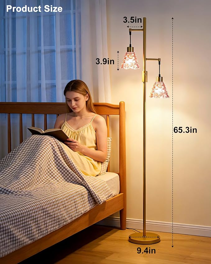 2-Light Modern Glass Floor Lamp, Gold Standing Tall Lamp with Deep Red Shell Glass Shade, Dimmable LED Floor Lamp with 5Lbs Heavy Base for Living Room Bedroom Home Decor, Bulb Included