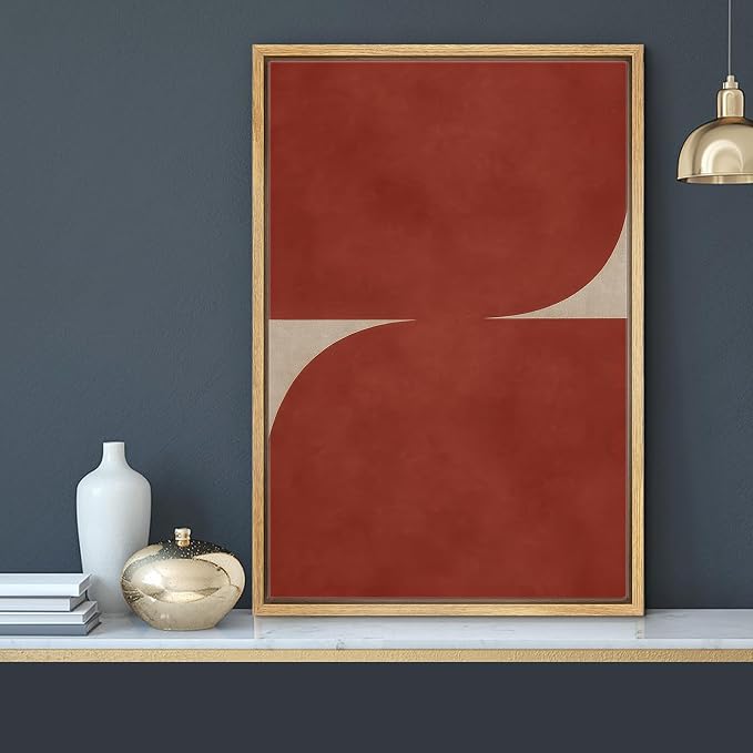 MUDECOR Framed Canvas Print Wall Art Modern Geometric Curve in Deep Red and Taupe Illustrations Fine Art Mid-Century Modern Multicolor for Living Room, Bedroom, Office - 16"x24" NATURAL