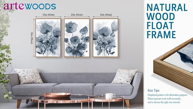 arteWOODS Botanical Framed Wall Art - Abstract Watercolor Style Pictures Grey Blue Floral Wall Decor Minimalist Prints Aesthetic Flowers Painting Artwork 24" x 36" Set of 3 Natural Framed