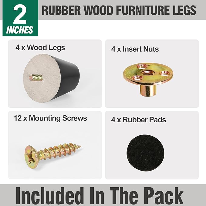 FoDau770 Black Rubber Wood Furniture Legs 2 Inches, Straight Tapered Wood Feet Mid Century Sofa Legs Set of 4, 5/16" UNC Furniture Feet for Cabinet Couch Dresser Chair Ottoman Table