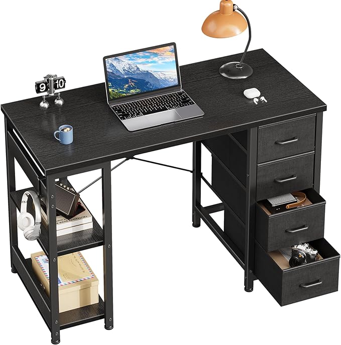 Casaottima 40 Inch Small Computer Desk with 4 Fabric Drawers, Modern PC Desk for Small Spaces, Home Office Desk with Storage Shelves, Black
