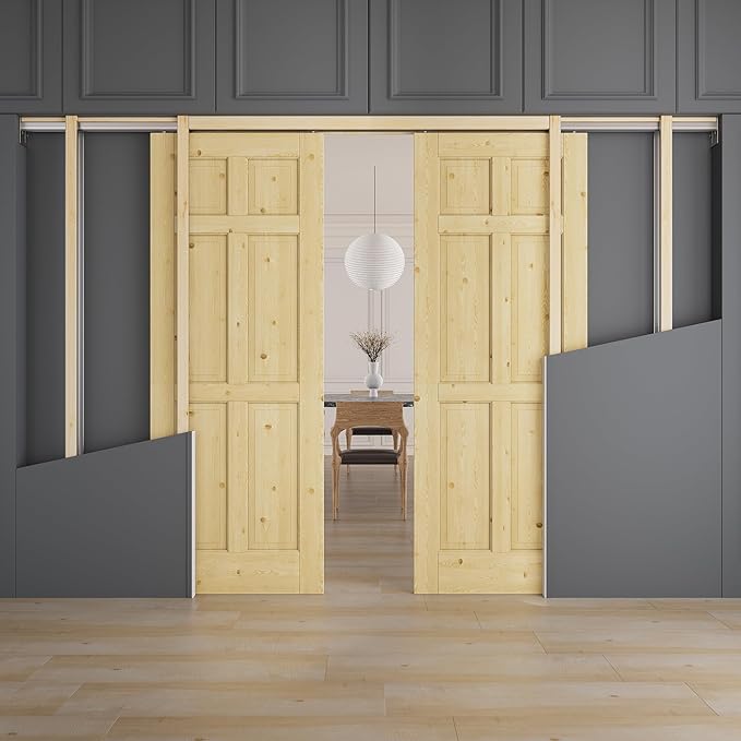 56" x 80" (Double 28" x 80") 6 Panel All-Inclusive Soft Close & Solid Core Sliding Pocket Door, Pine Wood Door with Frame & Hardware Kit, Pocket Interior Doors for Home, Unfinished