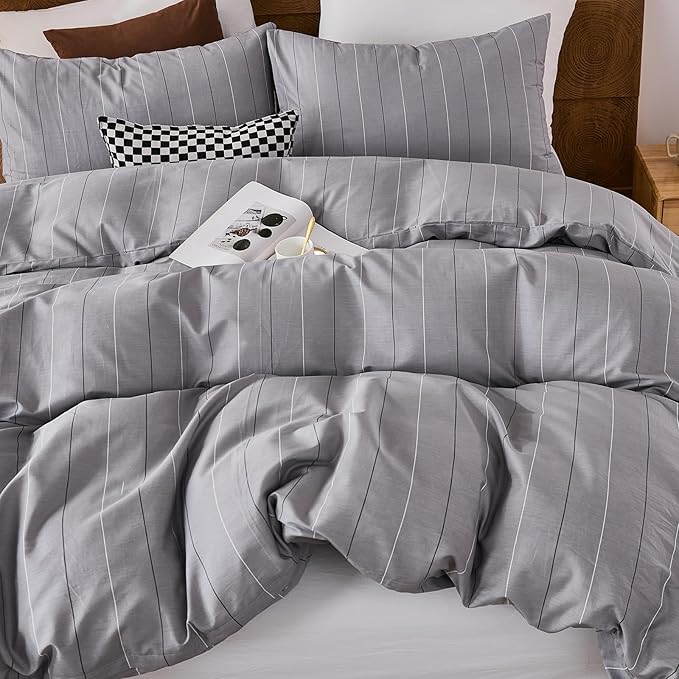 Merryword 100% Cotton Stripe Duvet Cover Set Queen Size - Gray Striped Duvet Cover Set with Zipper Closure & 8 Corner Ties, Modern Minimalist Wide Stripe Bedding Set for Cozy Elegant Bedroom