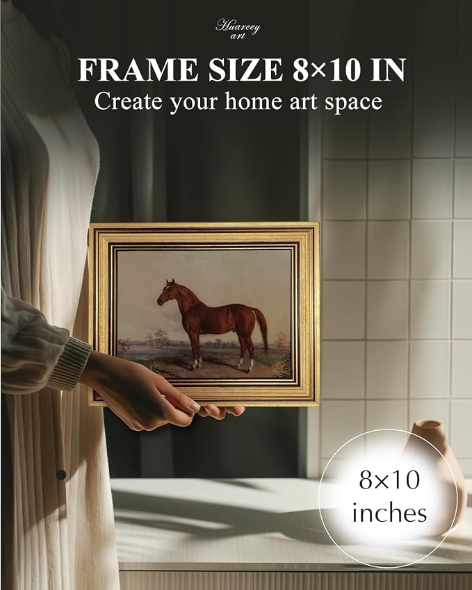 HUARCEY Gold Framed Vintage Wall Art for Living Room, Animals Painting Prints Shelf Decor for Kitchen, Aesthetic Bedroom Wall Art, Best Gifts for Friends or Family - Ferghana horse 10L x 8W