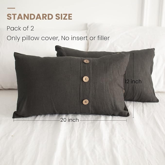 Simple&Opulence 100% Linen Lumbar Pillow Cover 12 x 20 Inch Set of 2 Rectangular Decorative Pillow Cover with Vintage Triple Coconut Button for Couch Sofa Bed Living Room Office Décor - Dark Grey