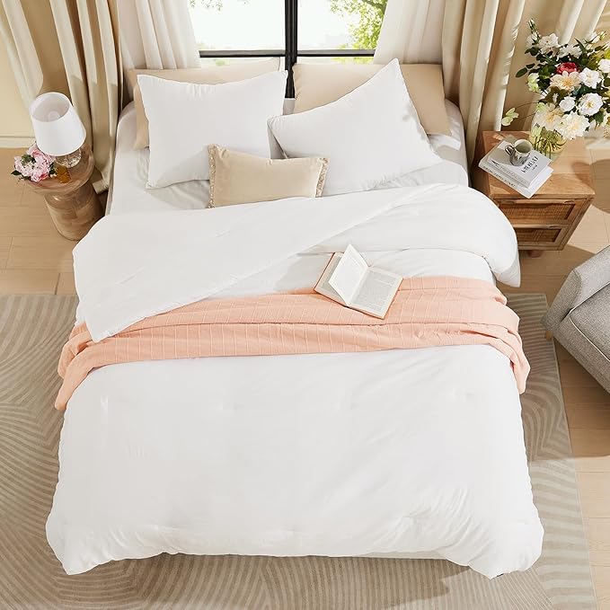 WRENSONGE Full Size Comforter Sets - 3 Pieces Prewashed White Comforter Soft Lightweight for All Seasons,Fluffy Down Alternative Comforter Full Size with 2 Pillow Shams