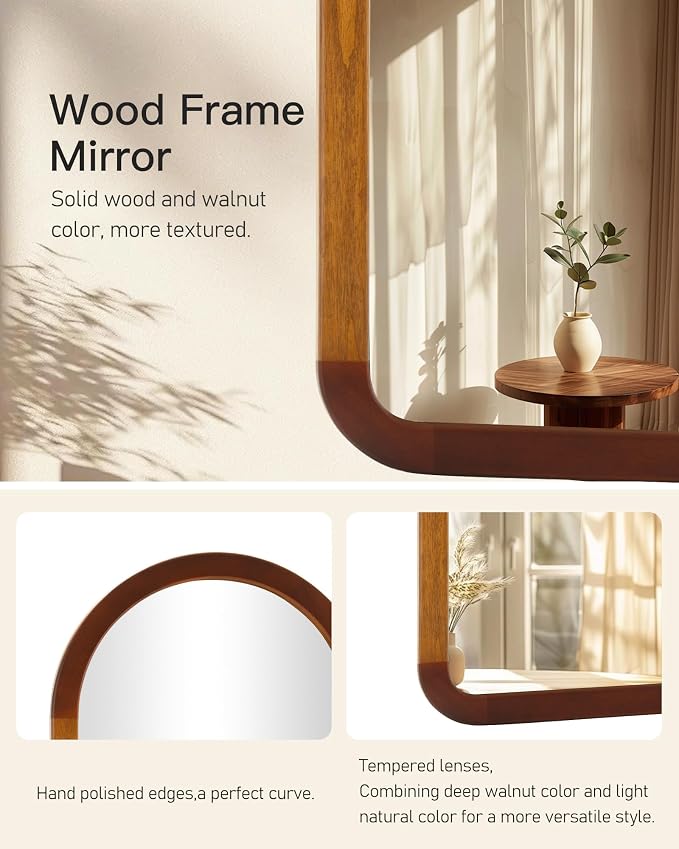 Arched Mirror 22 x 30 Inch,Brown Wood Rustic Bathroom Tempered Wall Mirror with Wood Frame,Round Corner Arch Farmhouse Wooden Vanity Mirror for Living Room,Entryway or Bedroom（Walnut Brown）