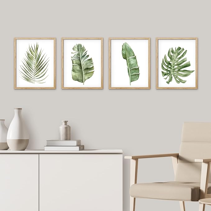 SIGNWIN Framed Banana Palm Monstera Leaf Wall Art, Set of 4 Green Pastel Wall Decor Prints, Nature Wilderness Wall Décor for Living Room, Bedroom - 11"x14" Natural