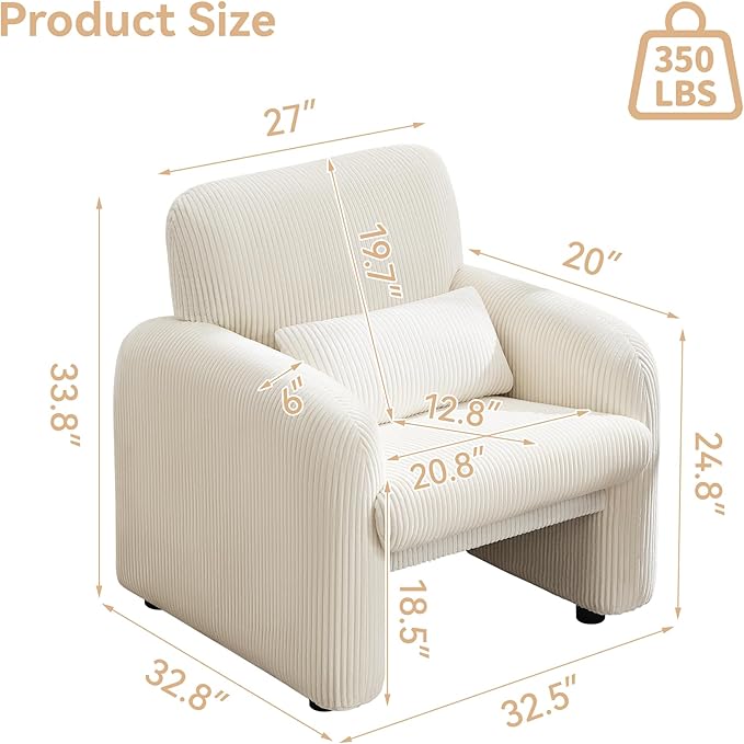 Corduroy Fabric Accent Chairs Set of 2, Modern Upholstered Living Room Chairs with Lumbar Pillow, Wide Comfy Leisure Armchair for Bedroom, Office, Reading, White
