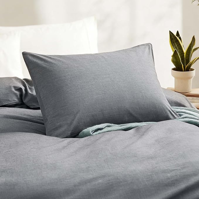 LOVQUE Light Grey Cotton Duvet Cover Twin Size, Linen Like Natural Bedding Set with Zipper Closure (No Comforter), 68x90 Inches