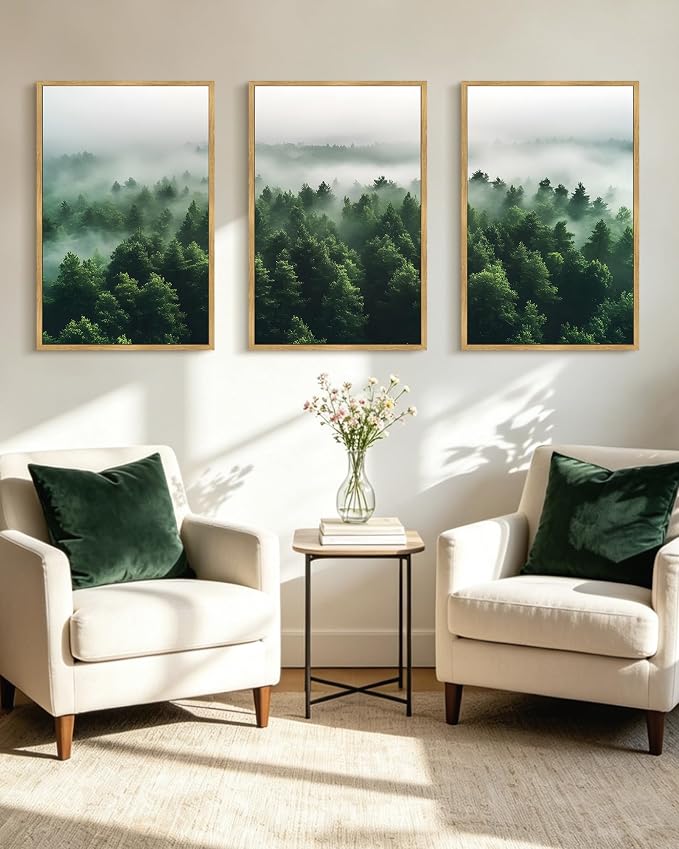 KUVIOKE Green Fog Pine Tree Framed Wall Art Nature Nordic Misty Forests Artwork Morden Painting Bedroom Decor 24x36in (Natural Framed)