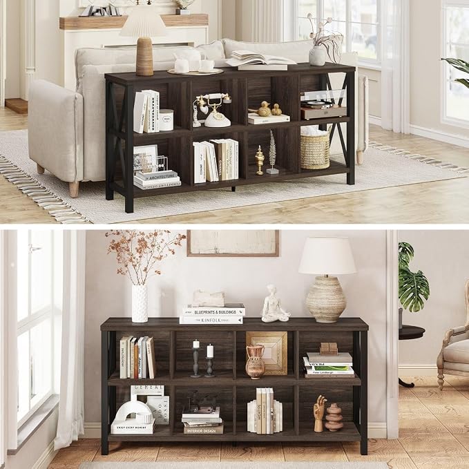 FATORRI 8 Cube Storage Organizer Bookshelf, 62 Inch Rustic Wood Horizontal Bookcase, Farmhouse Cube Long Book Shelf, TV Console Stand for Living Room (Dark Walnut)