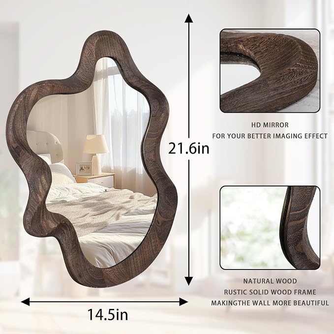 Asymmetrical Wavy Mirror for Wall Decor - Large Cute and Stylish Unique Wooden Framed Artistic Cloud Mirror, 21.6"x15" - Decorative for Living Room, Bedroom, Bathroom, Entryway