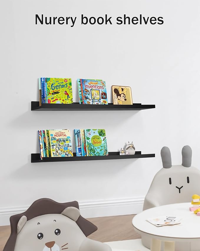 48 Inch Long Floating Shelves for Wall, Black Picture Ledge Shelf Wall Mounted Bathroom Long Ledge Set of 2, Floating Photo Shelf with Grooves for Books Bedroom Living Room Kitchen Spice Rack