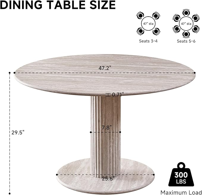 47" Round Dining Table for 4, [Cylinder Pedestal Base] [Stone-Patterned] Modern Circle Dinner Table for Kitchen Dining Living Room, Grey