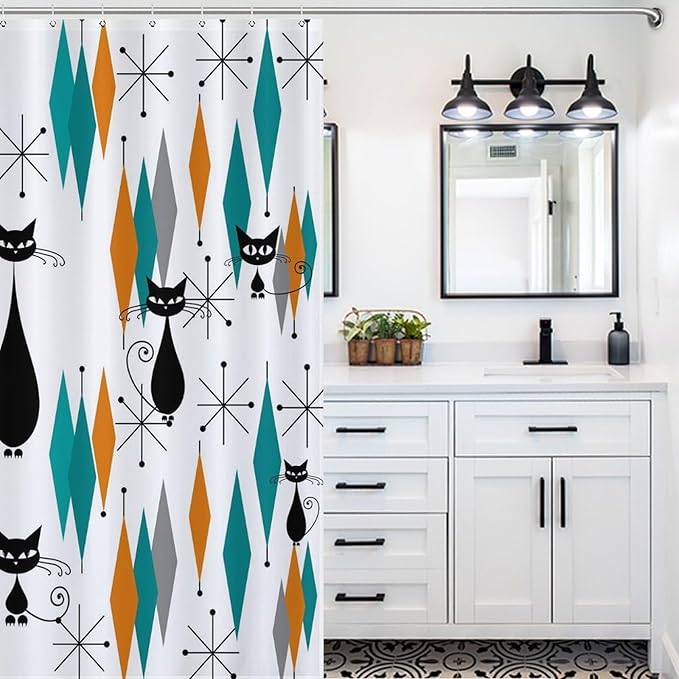 Mid Century Modern Cat Shower Curtain,Abstract Atomic Starburst Geometric Diamond Pattern Shower Curtains Set for Bathroom Fabric Decorative Bath Curtain Washable Curtain Hooks, 72x72”