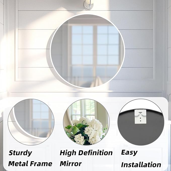 White Round Wall Mirror, White Circle Mirror 20 inch, Round Bathroom Mirrors, Circle Wall Mirrors for Bathroom, Living Room, Hallway, Vanity, Over Sink, Mantel