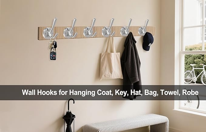 Brushed Nickel Wall Hooks, 4 Pack Heavy Duty Coat Towel Hook Metal Double Hook Wall Mounted Hanging, Bath Towel Hooks for Entryway Cubicle Bathroom Closet Garage