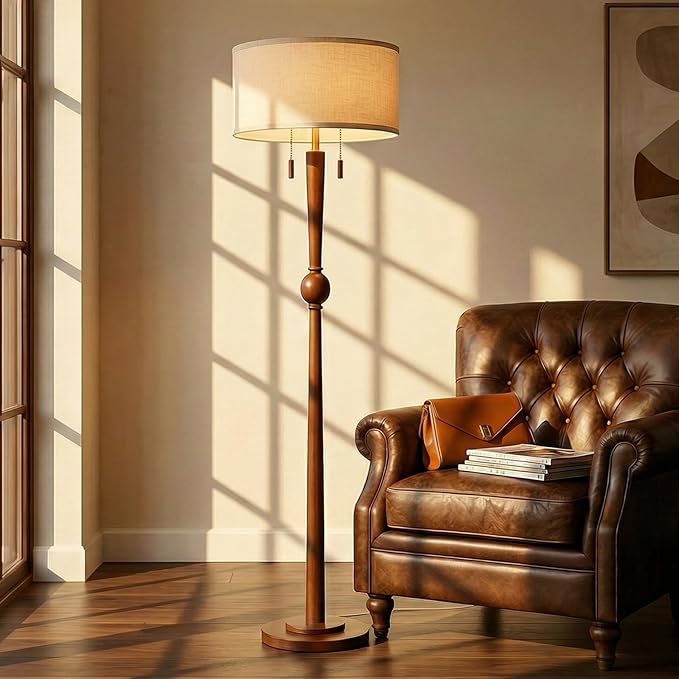 MOFFE 62.8" Solid Wood Floor Lamp,Tall Standing Floor Lamp with 2-Light Pull Chain, 17" Linen Drum Shade, Sculptural Wood Base & Stem,Transitional Floor Lamp for Living Room Bedroom, Includes 2 Bulbs