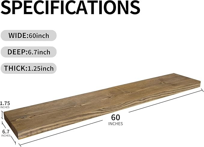 BGMG Wood Floating Shelves for Wall 60 inch Set of 2,Dark Walnut Floating Shelves,Solid Wood Wall Mount Shelves for Bathroom Living Room Bedroom Kitchen Farmhouse 60x 6.7 x1.75 inch