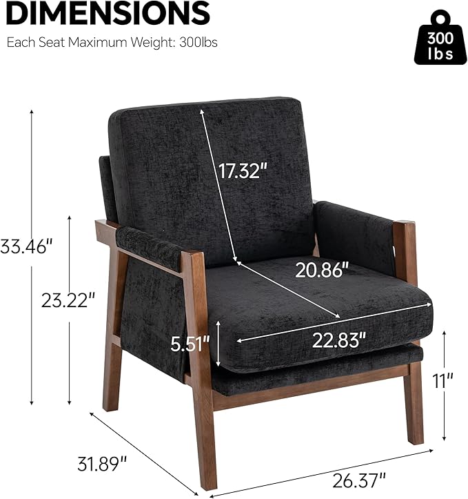 Mid Century Modern Accent Chair with Wood Frame, Upholstered Living Room Chairs with Wide Armrest, Chenille Fabric Comfy Arm Chair for Bedroom, Reading Room, Balcony (2, Black)