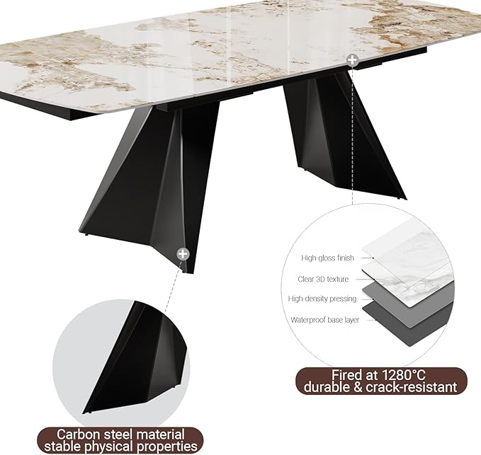 Extendable Dining Table with Leaf, 65"-95" Rectangular Sintered Stone, Marble-Look Top, Seats 6-12, Metal Base, Easy-Clean, Heat & Scratch Resistant, Dining Room/Kitchen Table for Family Gatherings