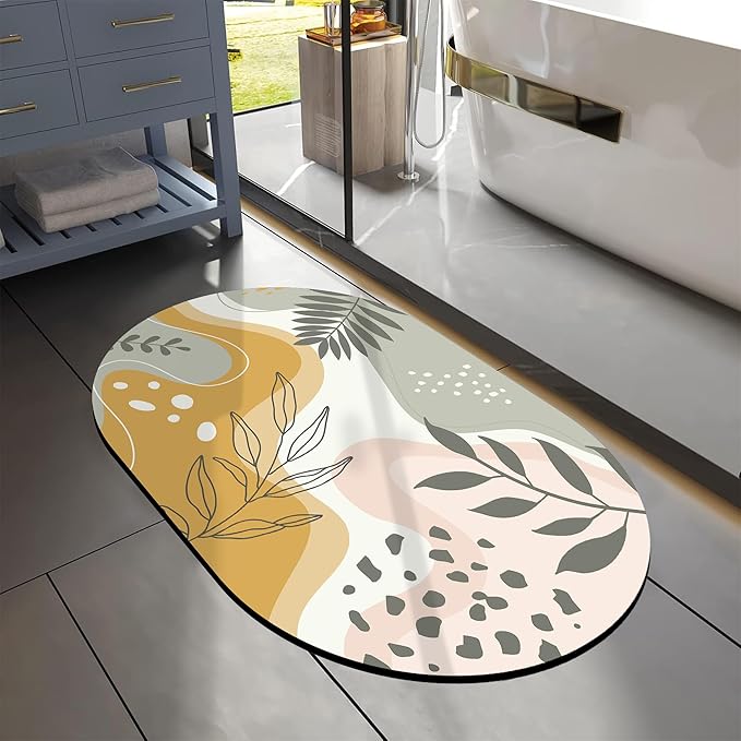 Oval Bath Mat Forest Tropical Leaves Diatomaceous Mud Mats with Rubber Backing Ultra Soft Washable 23.6"×15.7" Quick Dry Thin Bath Rugs for Bathroom Floor Bathtub Vanity Easy Care