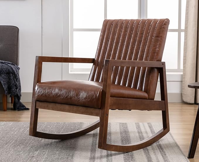 VESCASA Upholstered Rocking Chairs with Channel-Tufted Back, Mid-Century Modern Comfy Oil Wax PU Leather Rockers with Black Walnut Wood Frame for Nursery Living Bedroom Indoor, Set of 2, Brown
