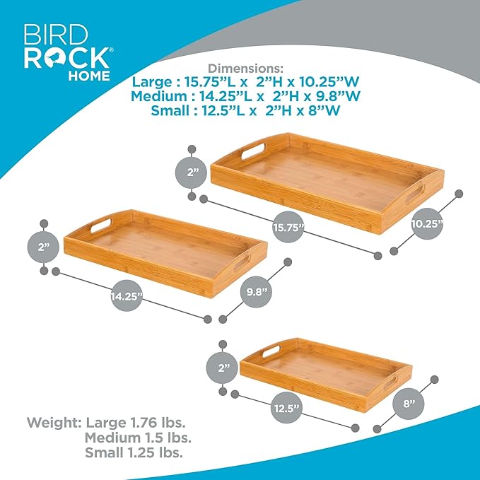 BirdRock Home 3 pc Breakfast Bed Tray (Rounded) - Bamboo - Cut Out Handles - Set of 3 - Bamboo - Nesting
