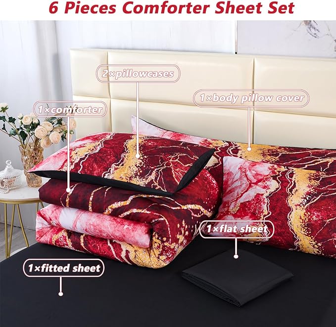 PERFEMET 6 Pieces Full Size Bed in A Bag Set Red and Gold Comforter Sets Abstract Watercolor Marble Bed Comforter with Sheets Artwork Retro Luxury Tie Dye Bedding Set(Red, Full)