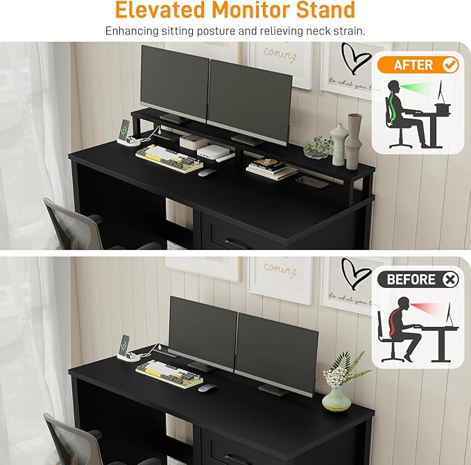 Vabches 47" Farmhouse Executive Desk with Monitor Stand and LED Lights,4 Drawers Computer Desk with Power Outlets,Large Workspace for Work Study Writing.(Pure Black)