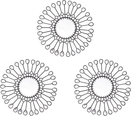 Black Mirrors 3 Piece, Sunburst Mirror Hanging Wall Decor, 9 inch Decorative Mirrors Wall Art, Rhinestone Round Mirror for Bedroom, Valentine, Kitchen, House Warming Valentine Gifts