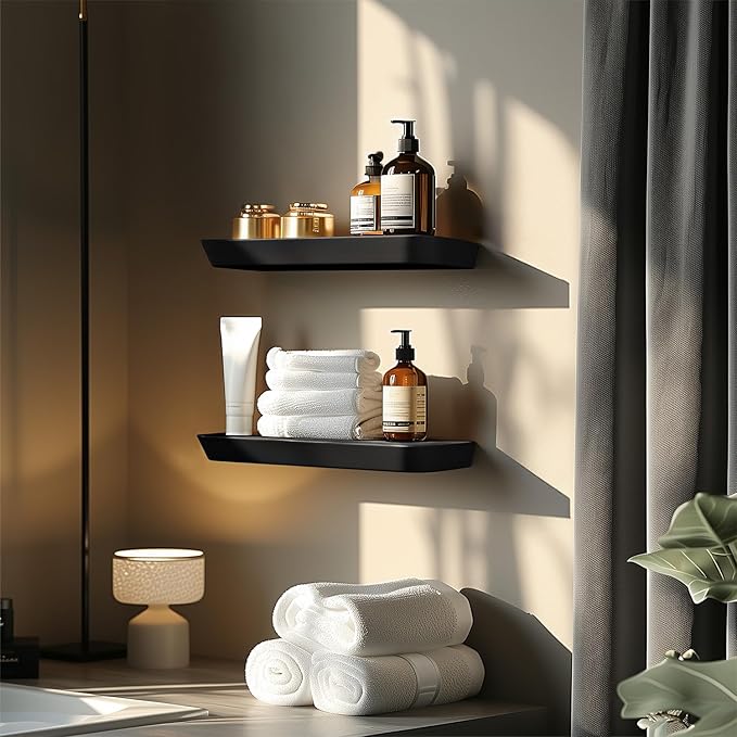 Black Floating Shelves for Wall 16 inch(Set of 2) -Premium Small Wooden Shelf - Natural Wood Floating Shelves for Bathroom & Kitchen -Solid Wood Shelving Wall Mounted -8inch deep Hanging Shelf