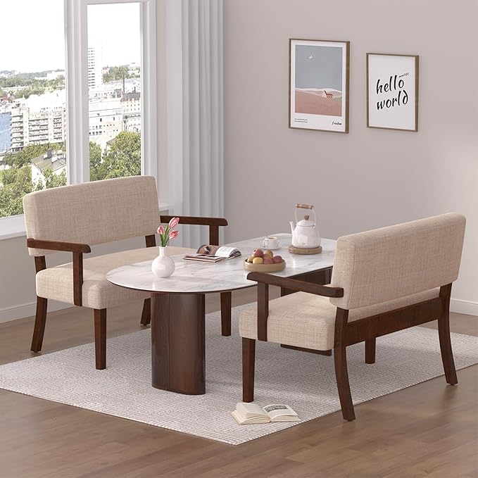 Accent Chair 2 Seat, Upholstered Reading Leisure Chair, Bench with Solid Wood Frame for Dining, Reading,Waiting Rooms (Beige)