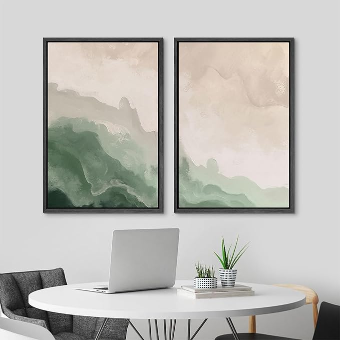 MUDECOR Framed Canvas Print Wall Art Soft Green and Beige Abstract Calming Watercolor Landscape Illustrations Modern Art Decorative Bohemian Chic for Living Room, Bedroom, Office - 24"x36"x2 Black