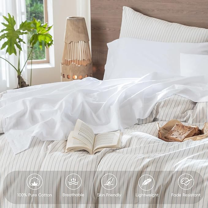 MooMee Bedding Sheet Set 100% Washed Cotton Linen Like Textured Breathable Durable Soft Comfy (Solid Bright White, Queen)