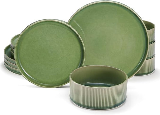Ceramic Dinnerware Set, by Vase and Vessel, 12-Piece Service for 4, 9.8” Dinner Plates, 8” Salad Plates, 20 oz Bowls, Ombre Reactive Glaze, Durable Stoneware, Microwave & Dishwasher (Moss Green)